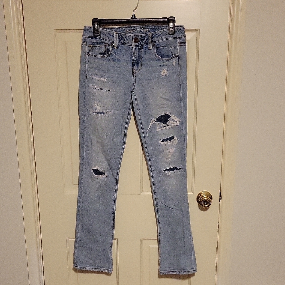 American Eagle Outfitters Blue Skinny Kick Jeans Distressed Light Wash - 4